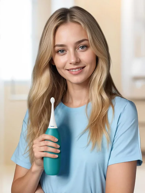 A woman holding the turquoise HappyPo XL bottle